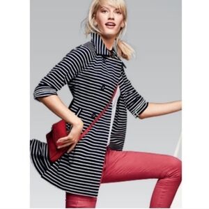 Cabi Maritime Trench Coat Jacket Nautical Stripe Navy Blue White Medium